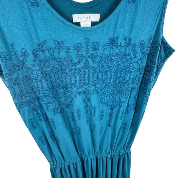 Garnet Hill Teal Blue Sleeveless Lined Embroidered Cotton Blend Maxi Dress Sz XS - Picture 3 of 8